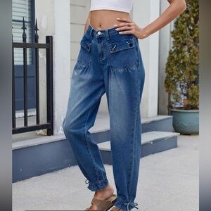 Blue High-Waist Relaxed Jeans for Women With Tie Ankles